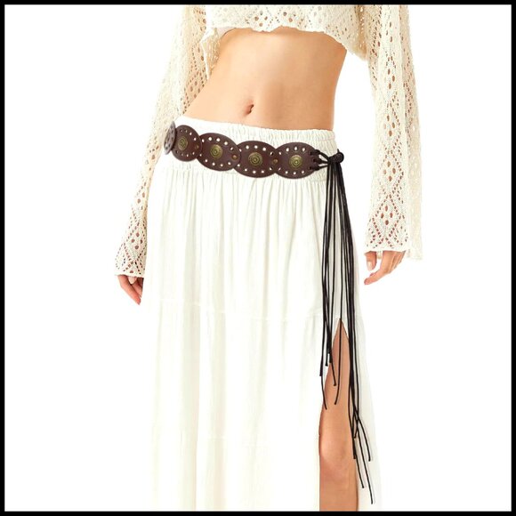 Vintage Western Boho Disc Belt Adjustable Faux Leather Concho Waist Belt main image 5
